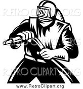 Clipart of a Retro Black and White Sand Blaster Worker Man Holding a Hose by Patrimonio