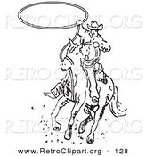 Retro Clipart of a Determined Roper Cowboy on a Horse Swinging a Lasso to Catch a Cow or Horse by Andy Nortnik