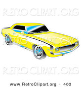 Retro Clipart of a Yellow 1969 Chevrolet RS/SS Camaro Muscle Car with Black Stripes on the Sides and Chrome Detailing Driving Right by Andy Nortnik